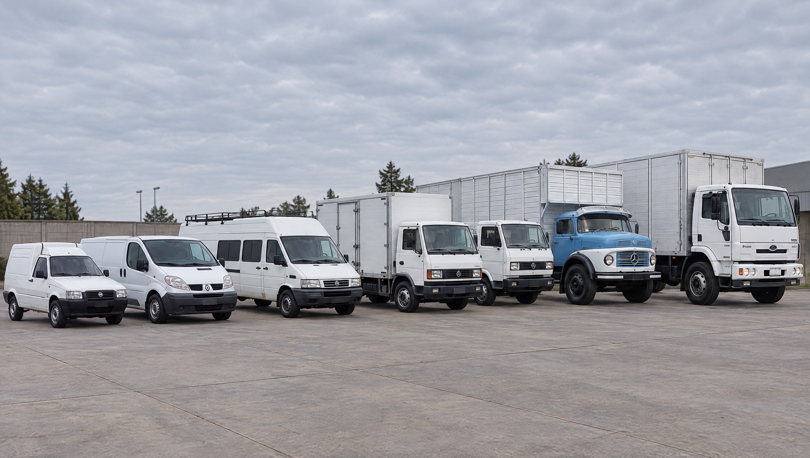 Flota de Mitsuo en fila: Fiat Fiorino, Renault Trafic, Iveco Daily, Agrale, Volkswagen, Mercedes-Benz 1114 y Ford Cargo 1215